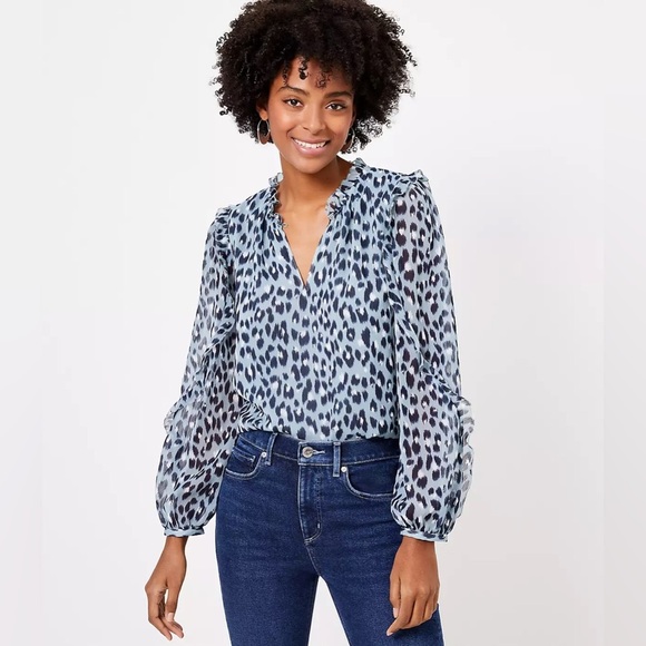 Loft Petite Leopard Print Ruffle Sleeve Blouse size MP - Picture 1 of 12